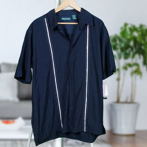 Navy Guayabera Style Button-up